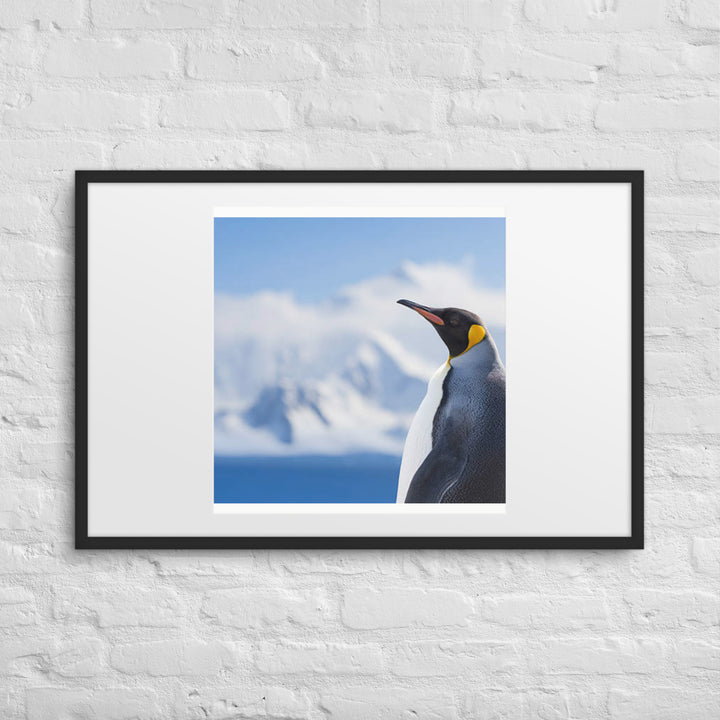 Majestic Solitude of a Penguin Amidst Snowy Peaks - Framed poster