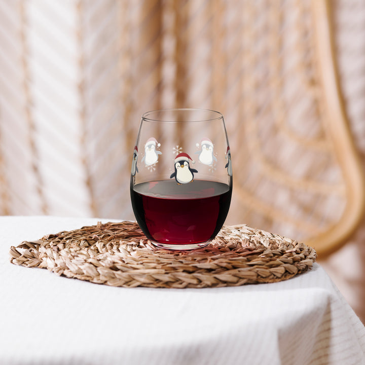 Adorable Santa Hat Penguins - Stemless wine glass