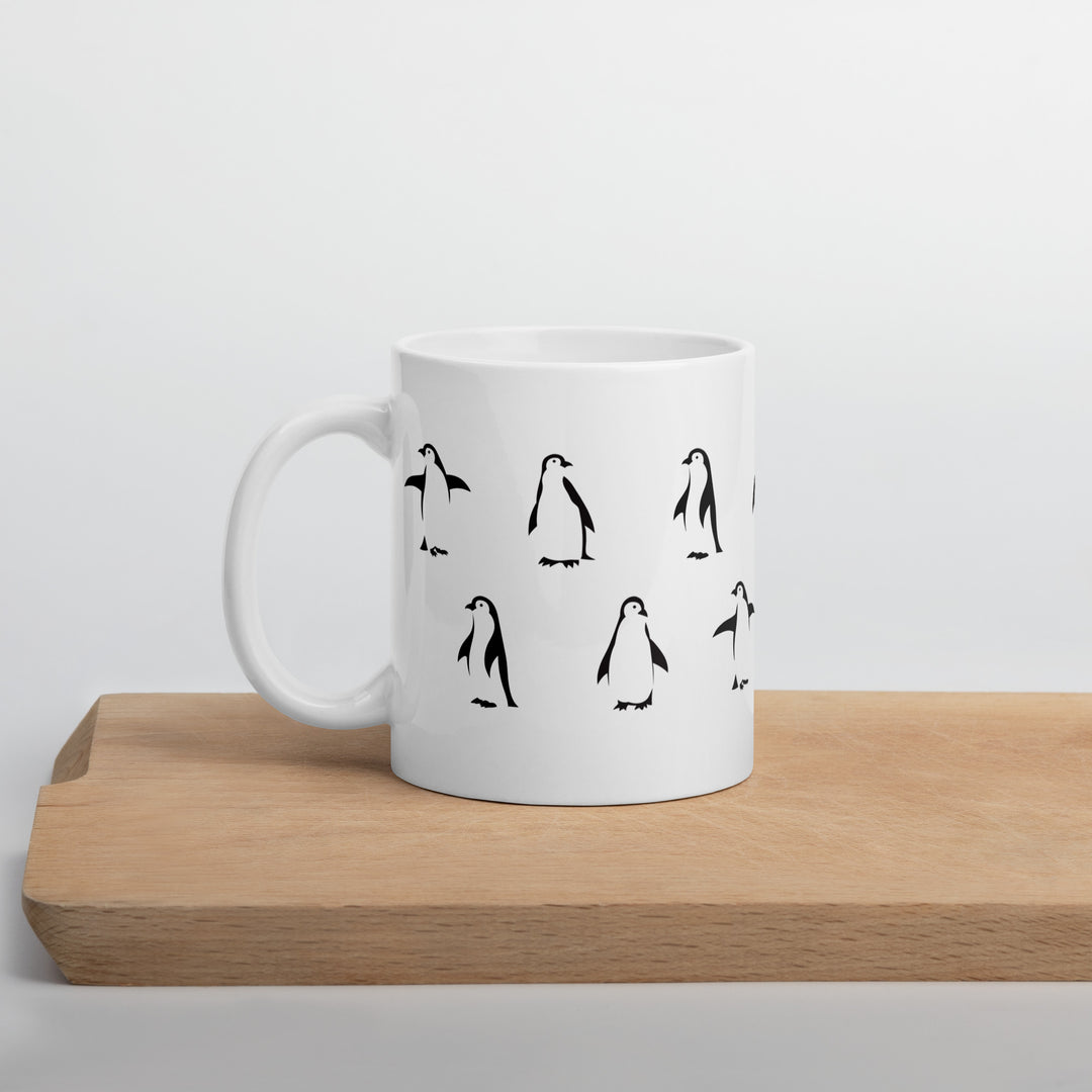 Playful Penguin Pattern Mug – 11oz Black & White Glossy Mug