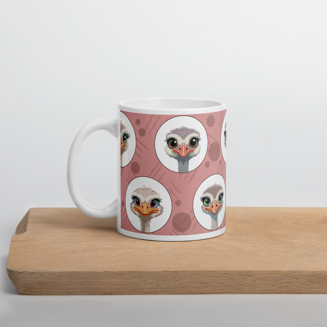 Charming Ostrich Portraits on Blush Background – 11oz Ceramic Mug