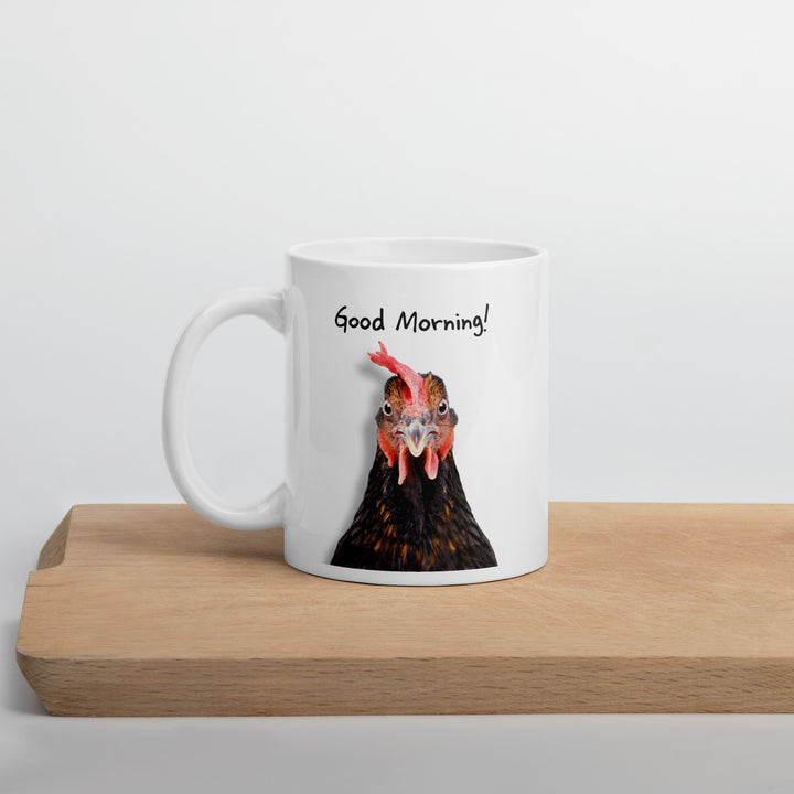 Good Morning! Brown Rooster 11oz Mug – Quirky Ceramic Coffee Mug for Animal Lovers