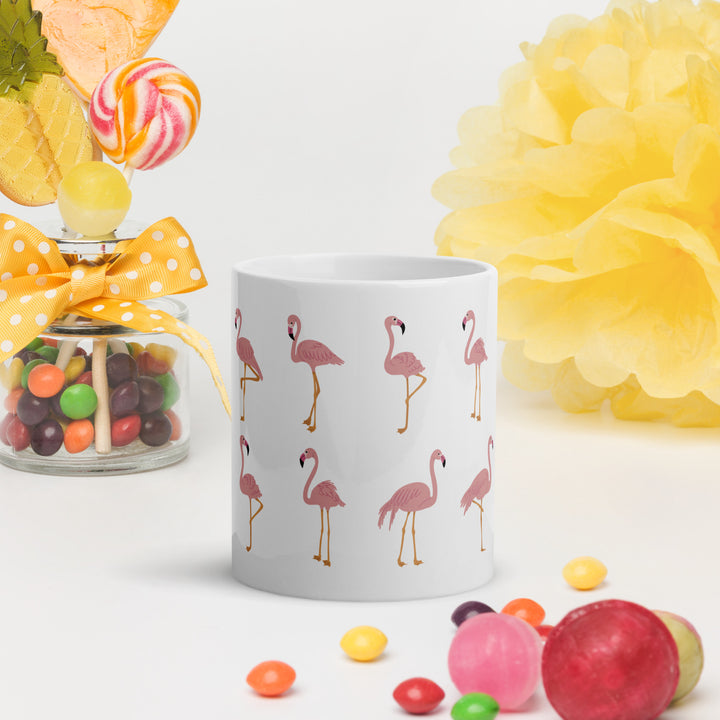 Playful Flamingo Pattern Mug – 11oz White Glossy Mug