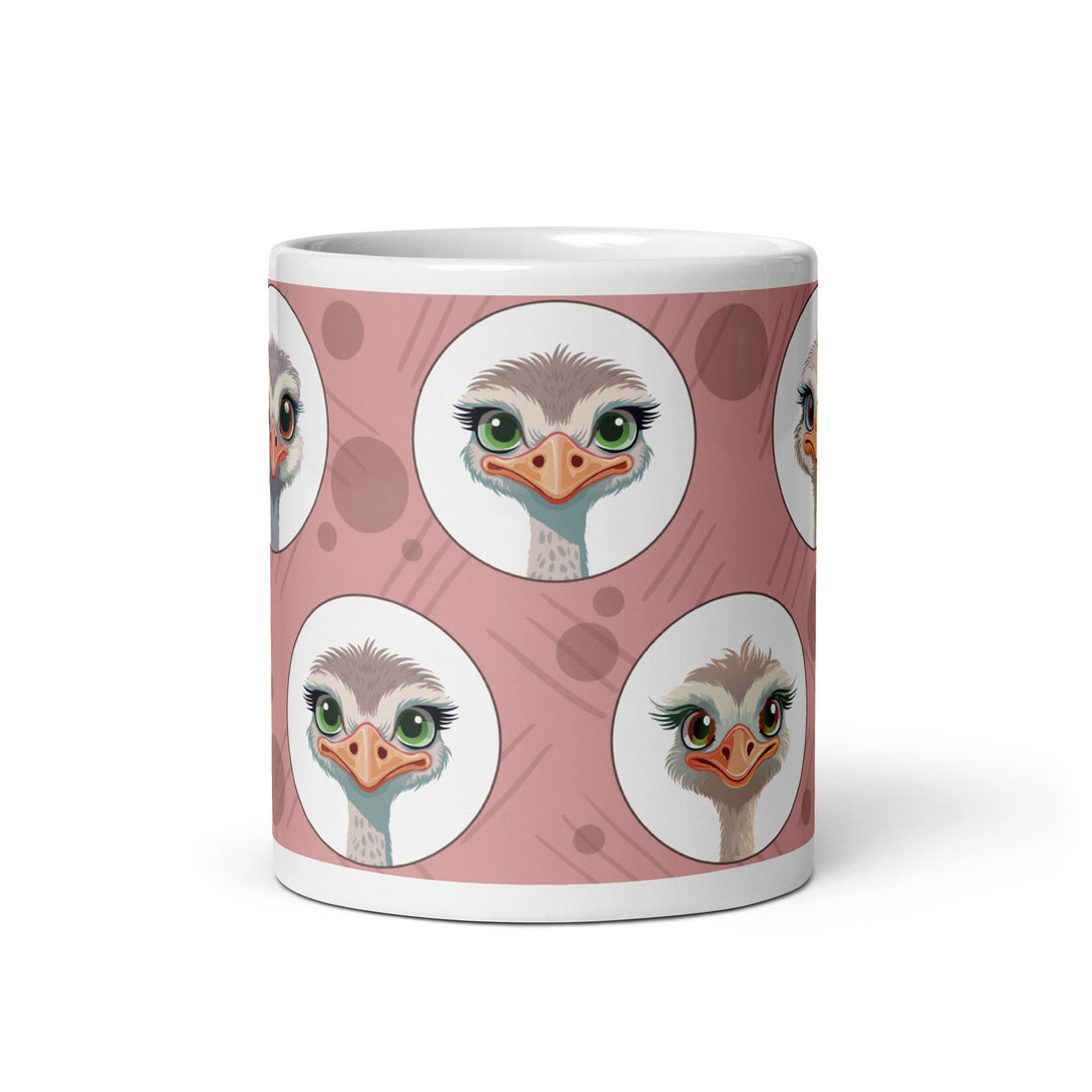 Charming Ostrich Portraits on Blush Background – 11oz Ceramic Mug