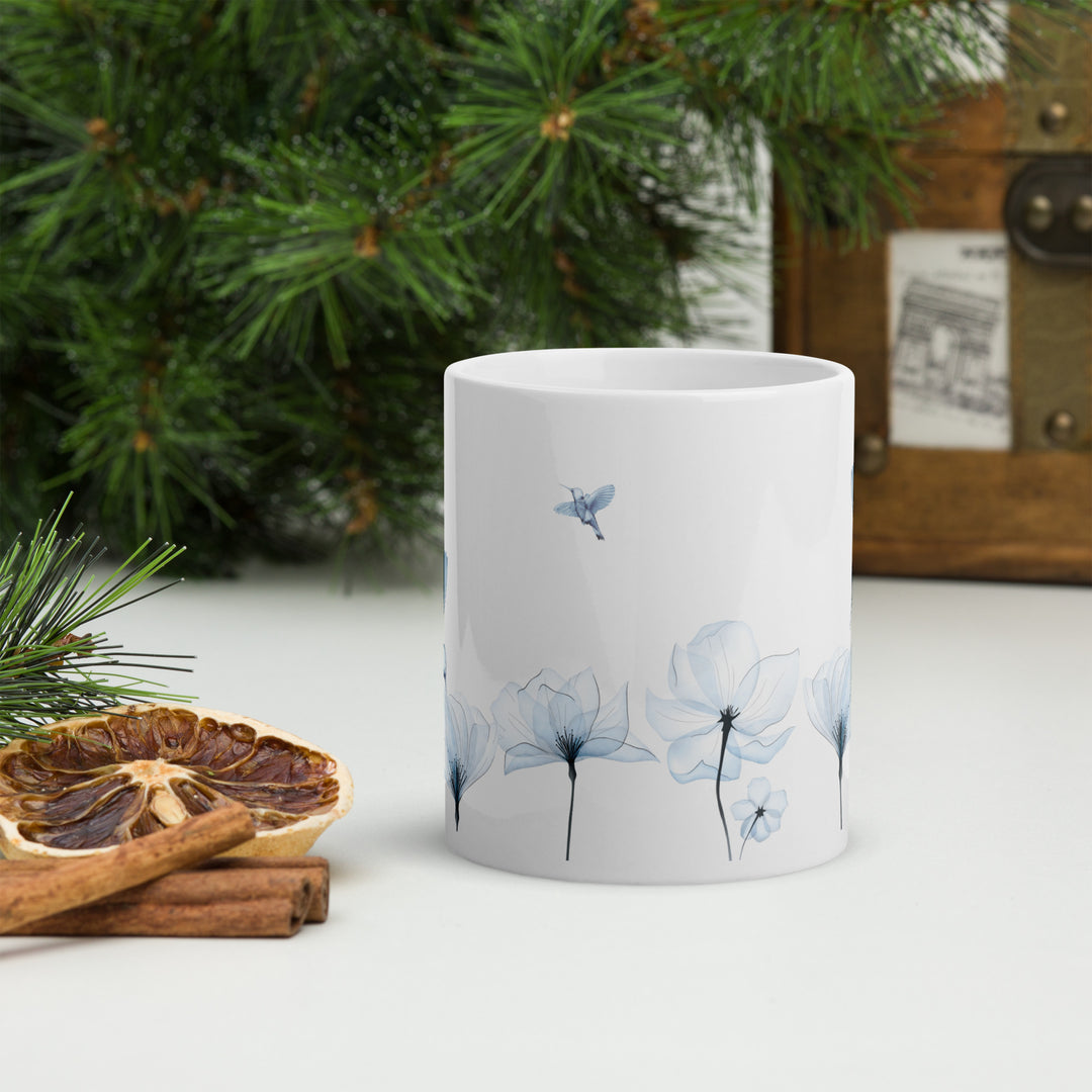 Sheer Blue Hummingbirds & Flowers - 11oz White Mug