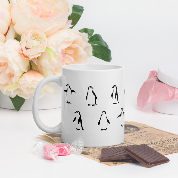 Playful Penguin Pattern Mug – 11oz Black & White Glossy Mug