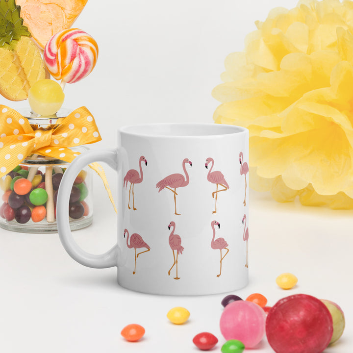 Playful Flamingo Pattern Mug – 11oz White Glossy Mug