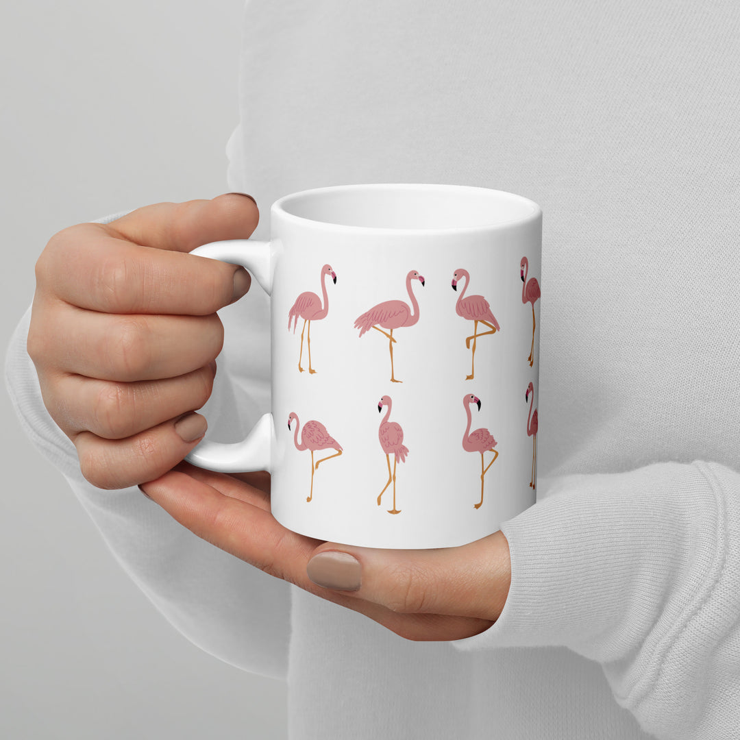 Playful Flamingo Pattern Mug – 11oz White Glossy Mug