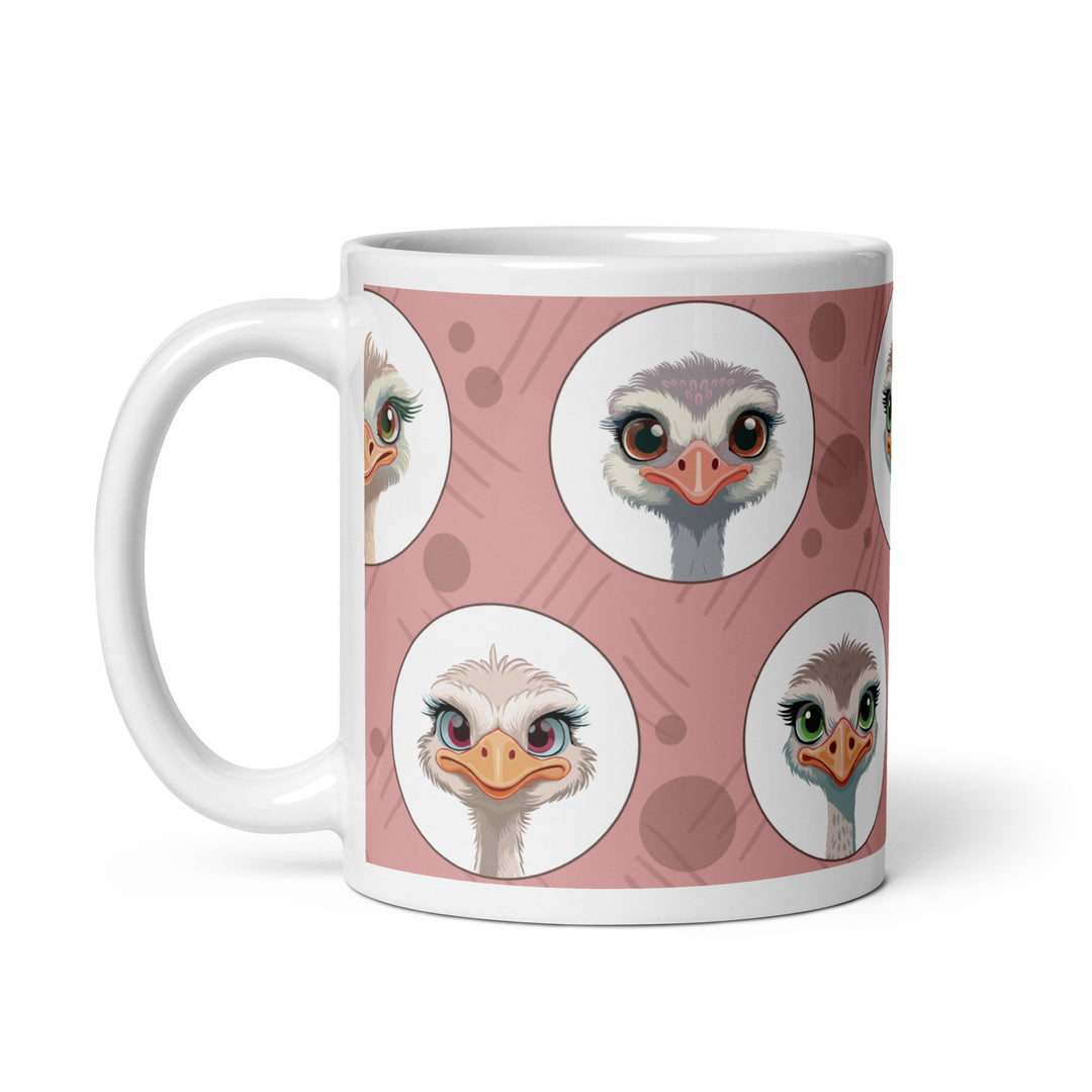 Charming Ostrich Portraits on Blush Background – 11oz Ceramic Mug