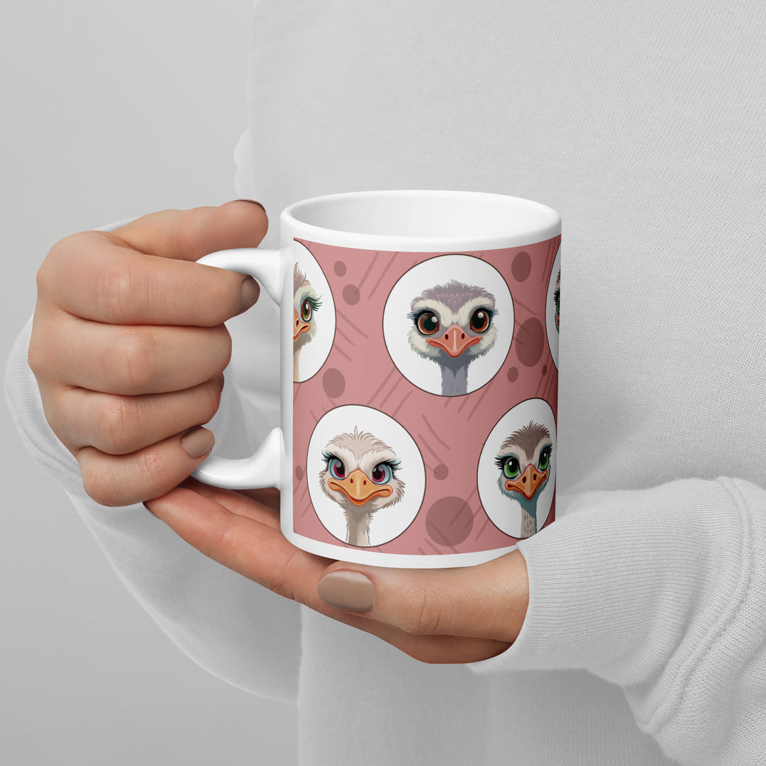 Charming Ostrich Portraits on Blush Background – 11oz Ceramic Mug