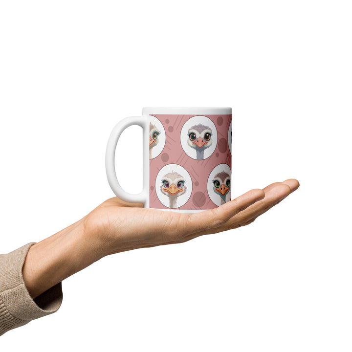 Charming Ostrich Portraits on Blush Background – 11oz Ceramic Mug