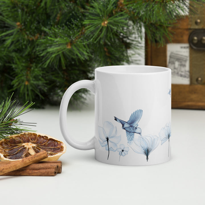 Sheer Blue Hummingbirds & Flowers - 11oz White Mug