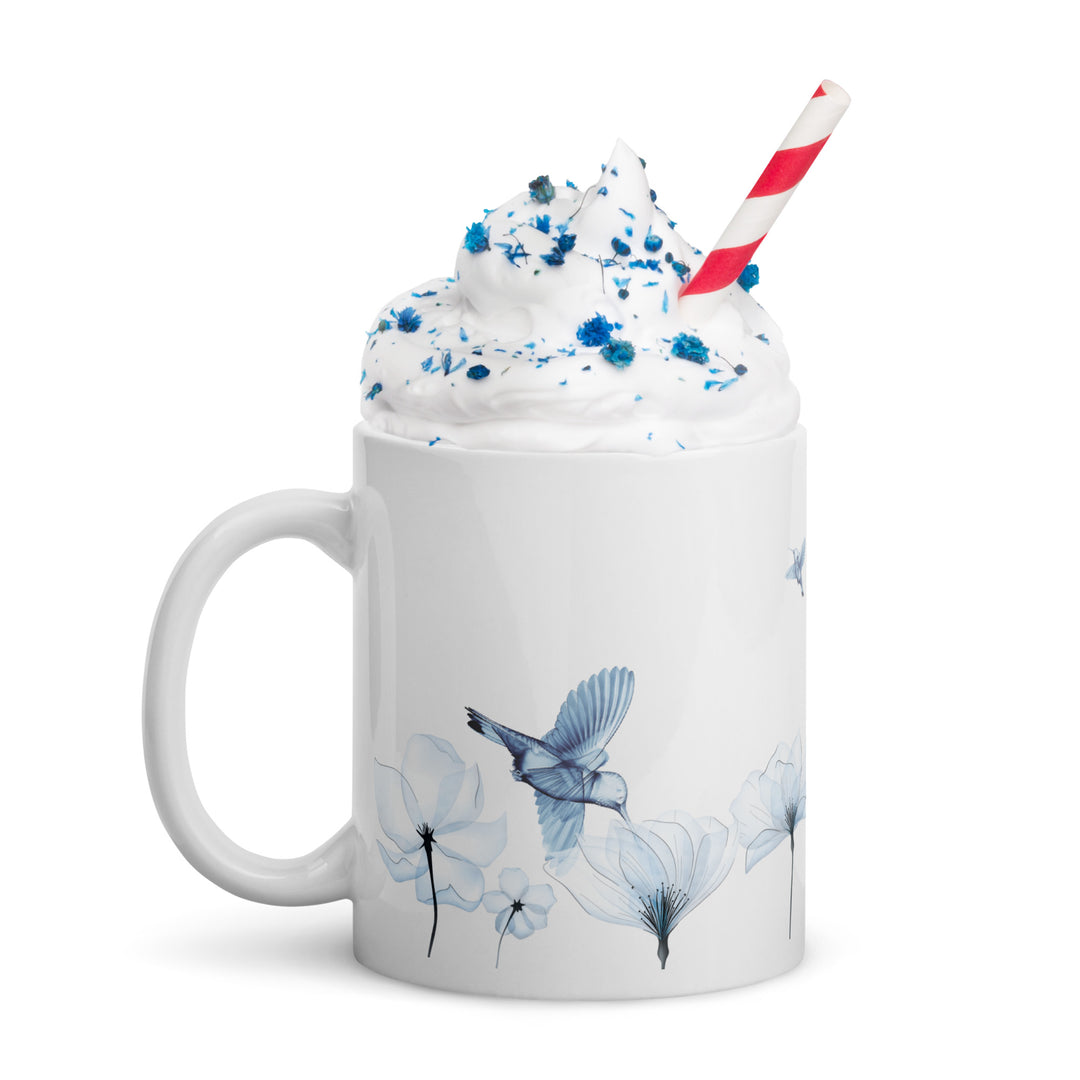 Sheer Blue Hummingbirds & Flowers - 11oz White Mug