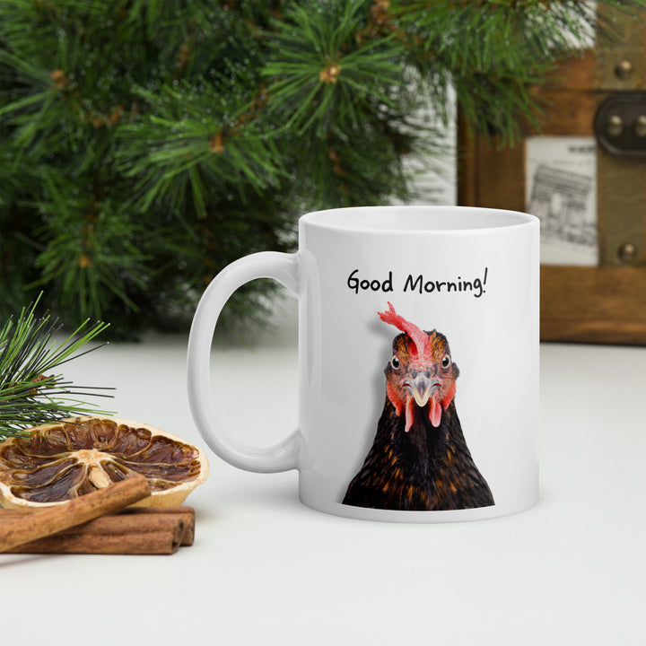 Good Morning! Brown Rooster 11oz Mug – Quirky Ceramic Coffee Mug for Animal Lovers