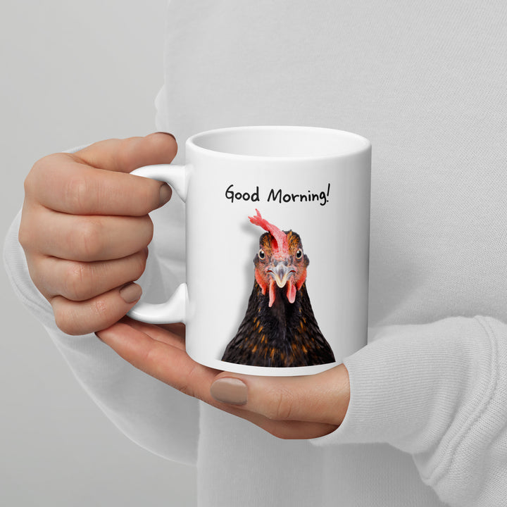 Good Morning! Brown Rooster 11oz Mug – Quirky Ceramic Coffee Mug for Animal Lovers