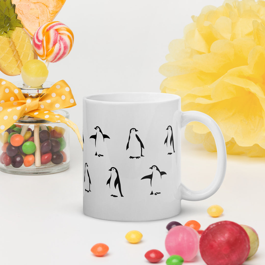 Playful Penguin Pattern Mug – 11oz Black & White Glossy Mug