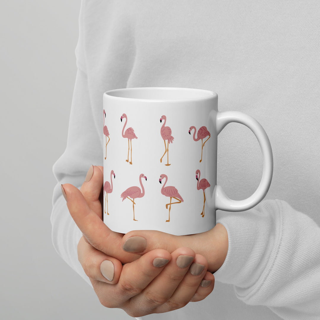 Playful Flamingo Pattern Mug – 11oz White Glossy Mug