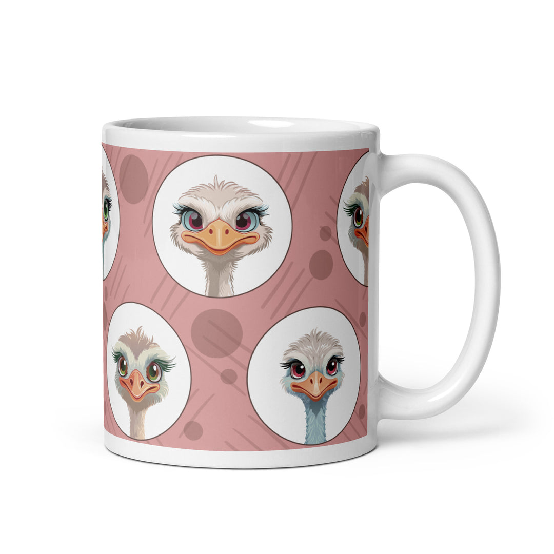 Charming Ostrich Portraits on Blush Background – 11oz Ceramic Mug