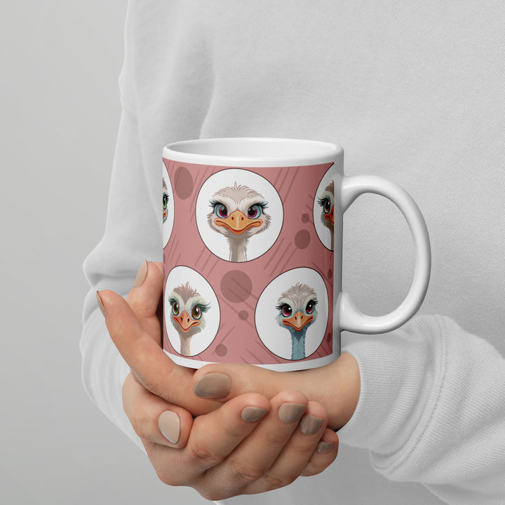 Charming Ostrich Portraits on Blush Background – 11oz Ceramic Mug