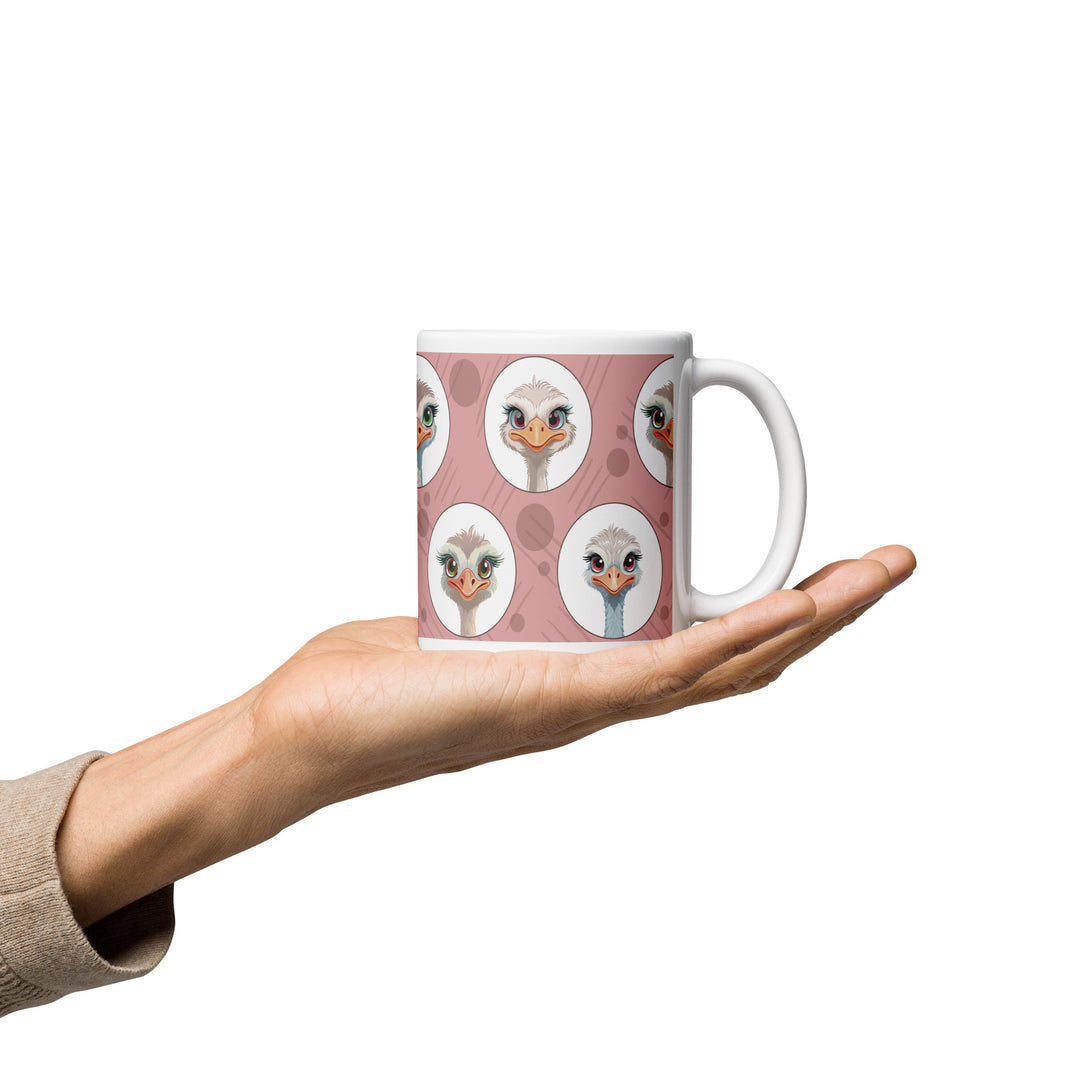 Charming Ostrich Portraits on Blush Background – 11oz Ceramic Mug