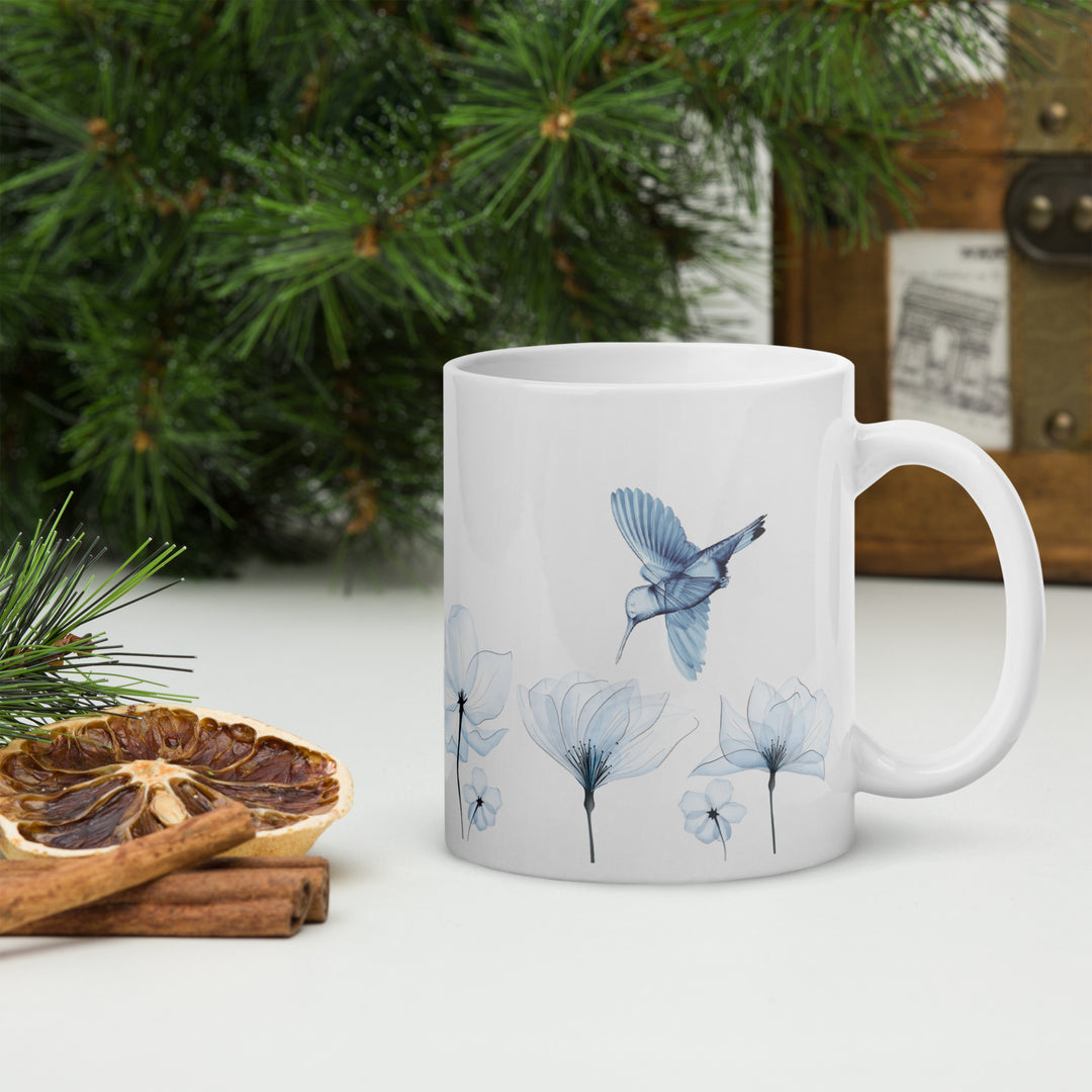 Sheer Blue Hummingbirds & Flowers - 11oz White Mug