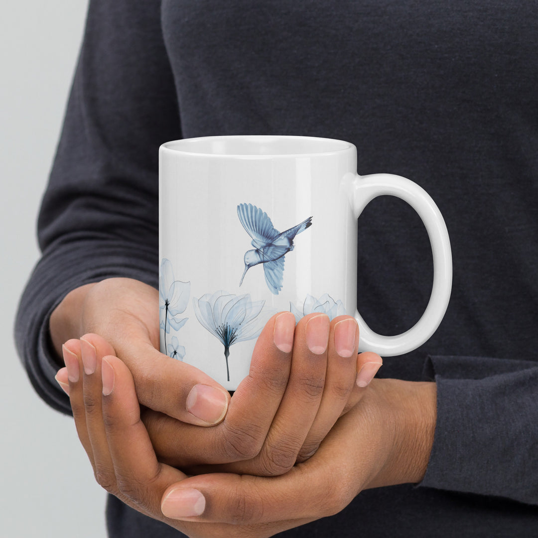 Sheer Blue Hummingbirds & Flowers - 11oz White Mug