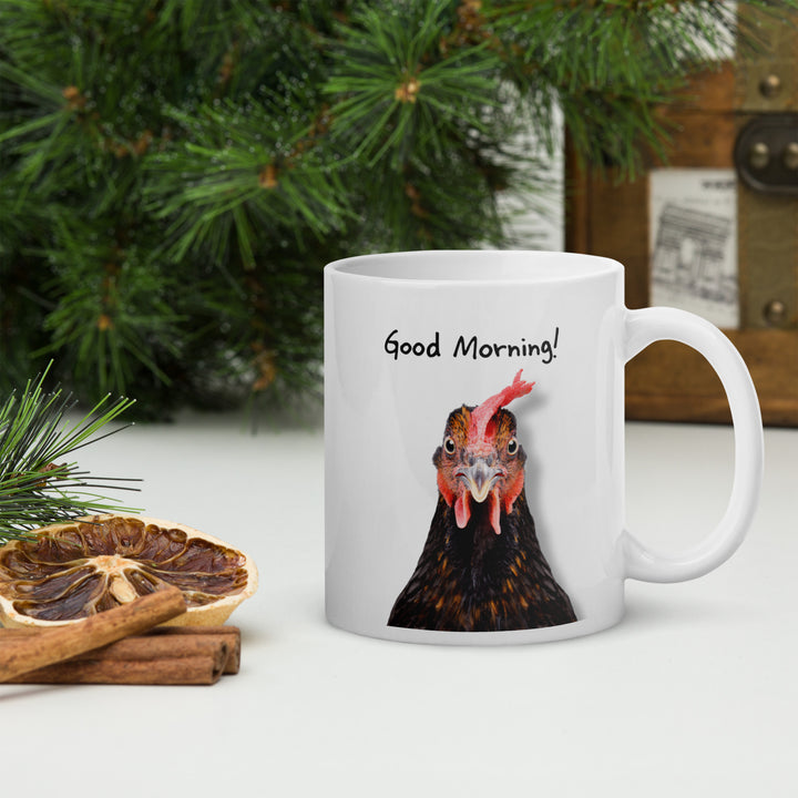 Good Morning! Brown Rooster 11oz Mug – Quirky Ceramic Coffee Mug for Animal Lovers