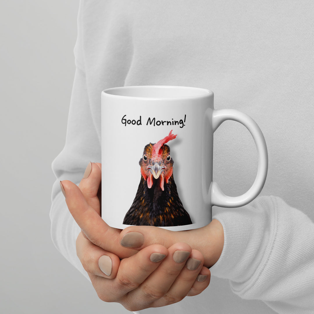 Good Morning! Brown Rooster 11oz Mug – Quirky Ceramic Coffee Mug for Animal Lovers