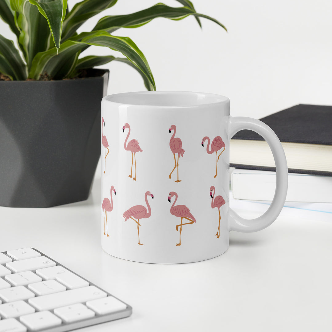 Playful Flamingo Pattern Mug – 11oz White Glossy Mug