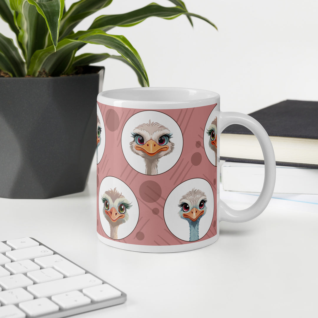 Charming Ostrich Portraits on Blush Background – 11oz Ceramic Mug