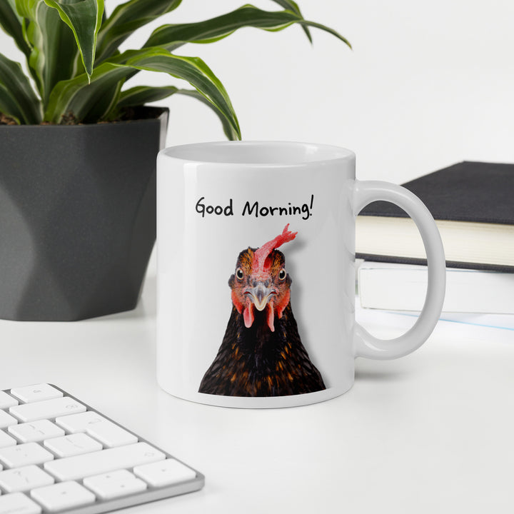 Good Morning! Brown Rooster 11oz Mug – Quirky Ceramic Coffee Mug for Animal Lovers