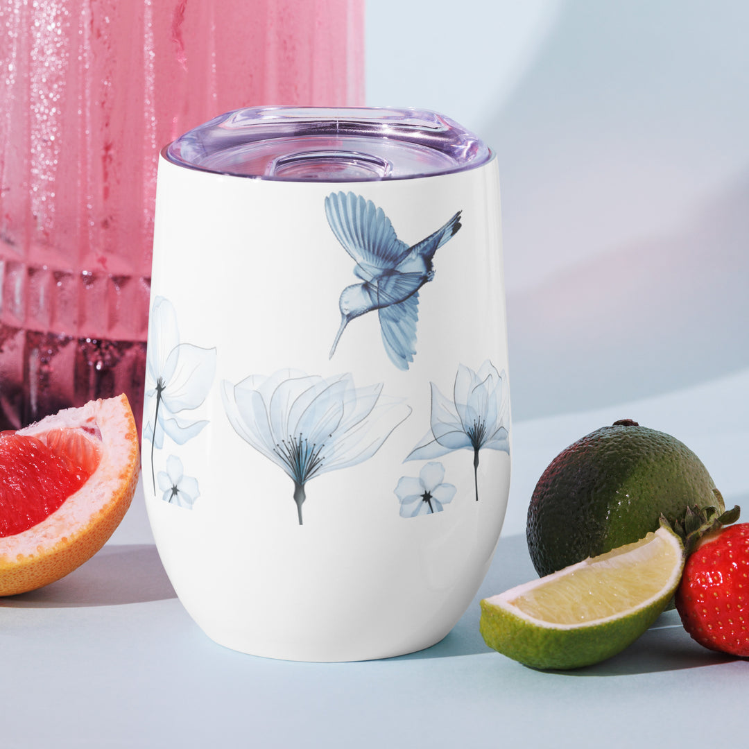 Sheer Blue Hummingbirds & Flowers - 12oz Wine Tumbler