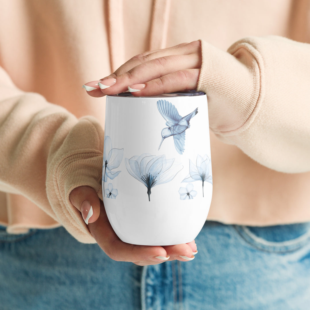 Sheer Blue Hummingbirds & Flowers - 12oz Wine Tumbler