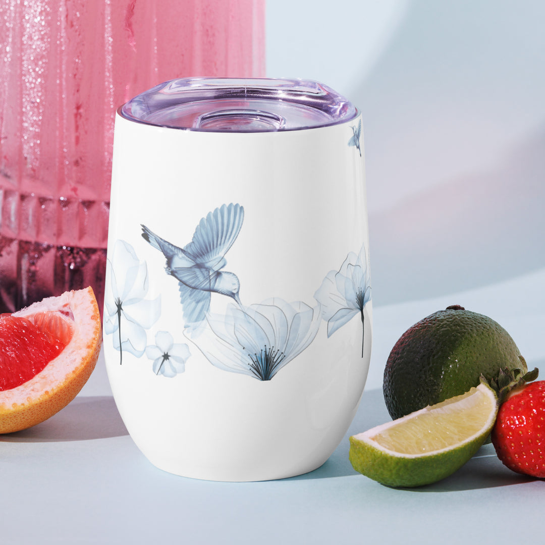 Sheer Blue Hummingbirds & Flowers - 12oz Wine Tumbler